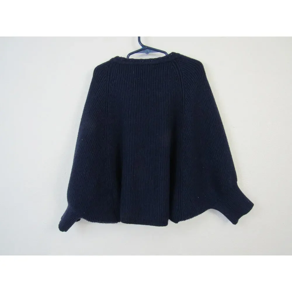 Jacadi Paris Girls 10-12 Knit Sweater Button Front Cape Pocho Navy Blue Wool